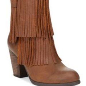 DENIM & SUPPLY MINI FRINGE BOOTS IN TAN LEATHER